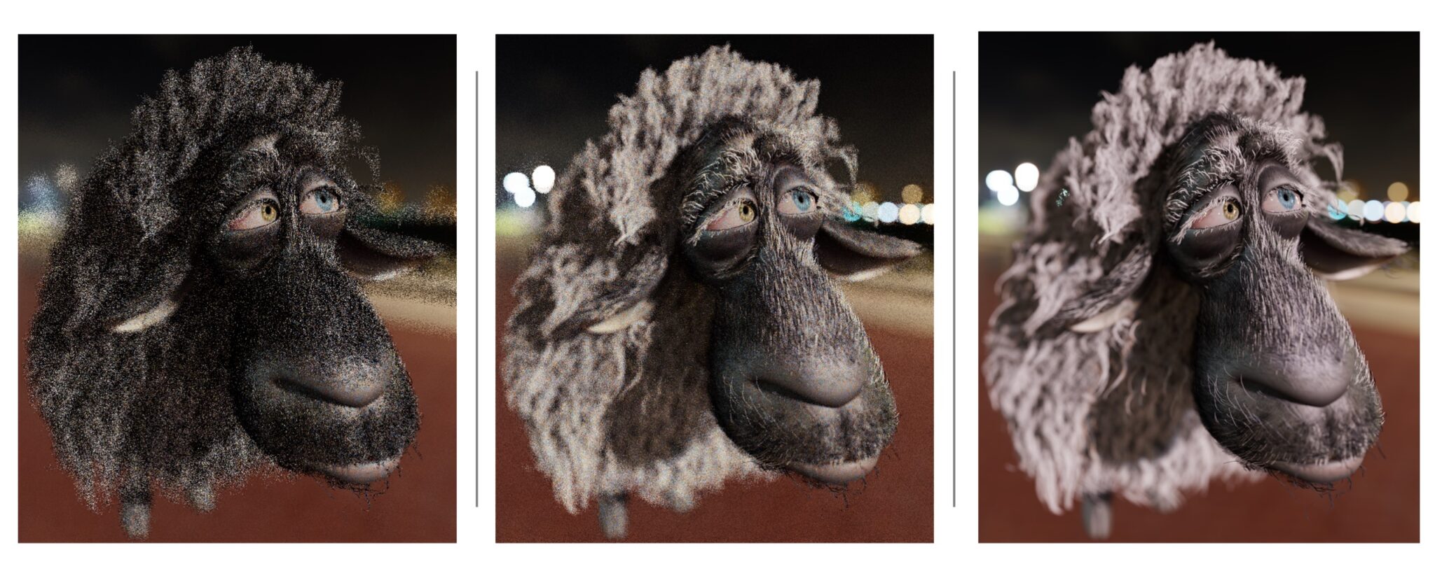 Model of a sheep rendering with three different path-tracing techniques